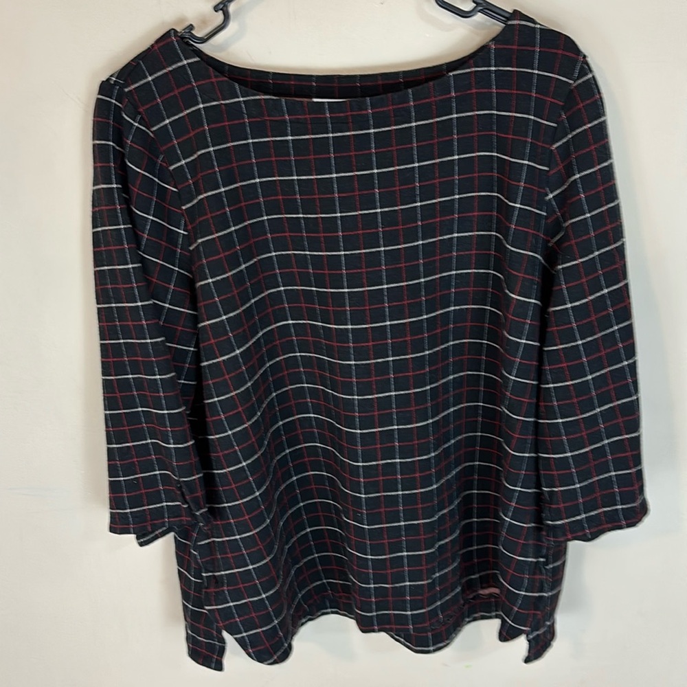 J Jill Black Plaid Ponte 3/4 Sleeve Top Size Large Petite